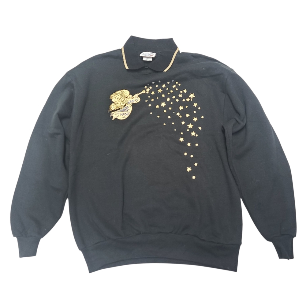 Vintage 90's Morning Sun Black Sweatshirt With Collar withGold Angel Star Design